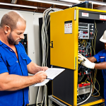 **

A diverse team of AC technicians receiving safety training, led by a confident, experienced mechanic demonstrating proper safety procedures with equipment. Emphasize a clean, organized workshop setting.

**