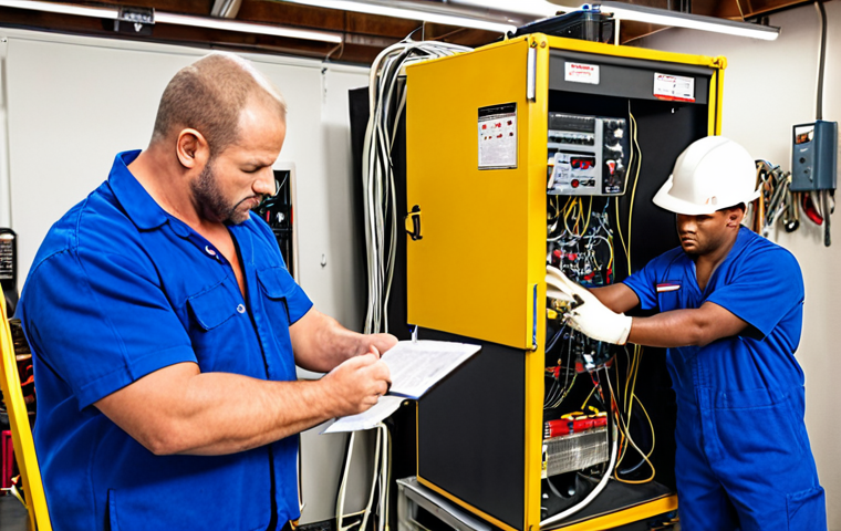 **
A diverse team of AC technicians receiving safety training, led by a confident, experienced mechanic demonstrating proper safety procedures with equipment. Emphasize a clean, organized workshop setting.
**
